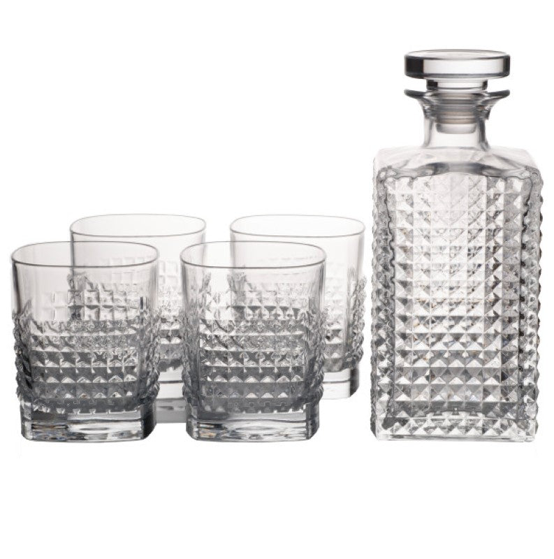 Elegant Italian whisky set with a 750ml decanter and 4 lead-free crystal tumblers, perfect for savoring fine spirits.