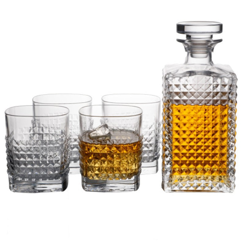 Elegant whisky set of 5 from Italy, featuring a 750ml decanter and 4 lead-free crystal tumblers for a luxurious drinking experience.
