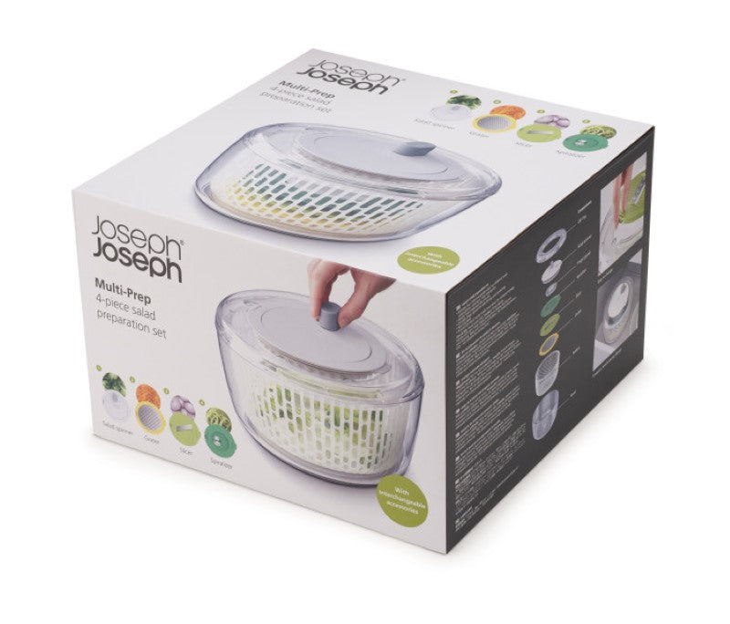 Versatile 4-in-1 salad preparation kit with interchangeable discs for spinning, spiralizing, slicing, and grating.