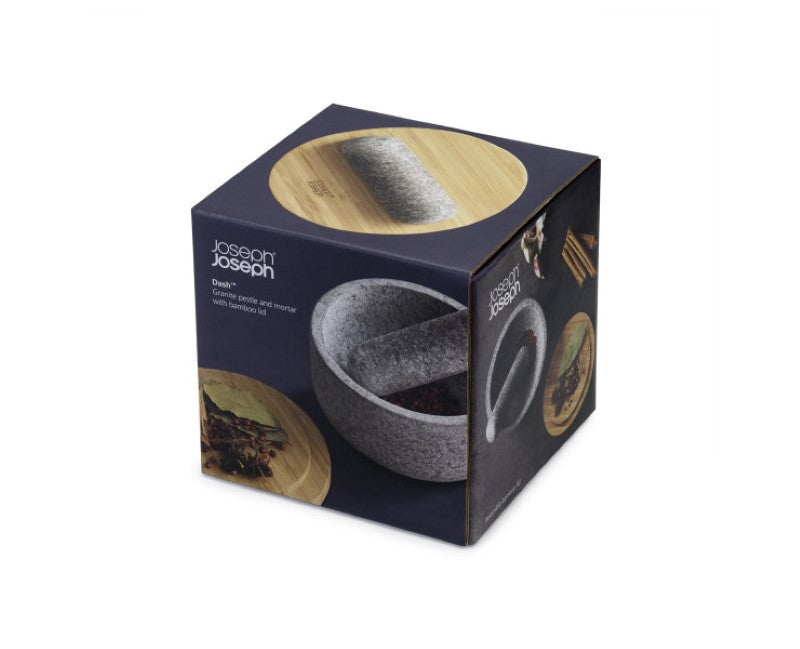 Stylish granite mortar and pestle with a reversible bamboo lid for storage, chopping, and ingredient preparation.