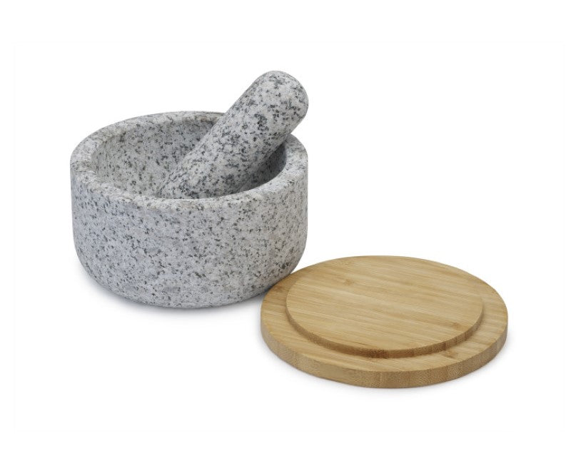 Stylish granite mortar and pestle with reversible bamboo lid for ingredient prep and storage, perfect for grinding spices and herbs.