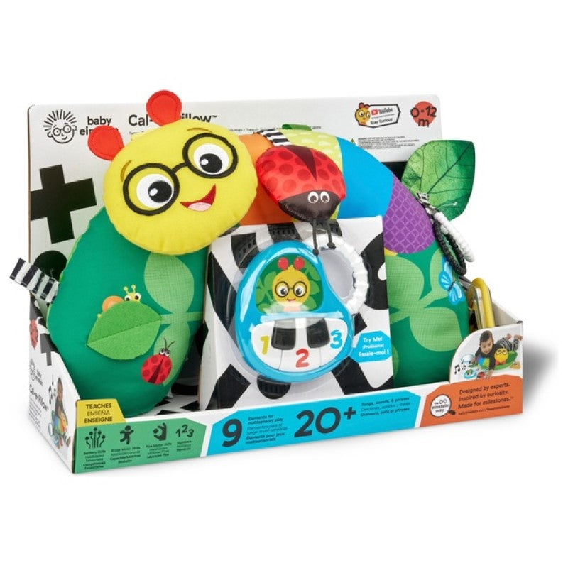 Colorful Tummy Time Activity Pillow with 9 sensory elements, including toys and mirror, promoting baby development and play.