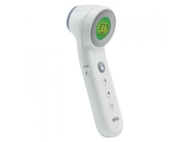Touchless Forehead Thermometer with age-specific settings, quick measurements, and color-coded display for easy reading.