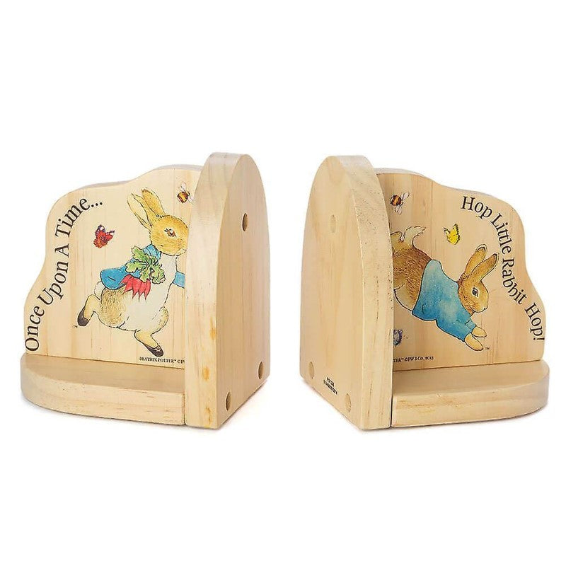 Charming Peter Rabbit wooden bookends featuring classic illustrations, perfect for organizing children's books in nurseries.