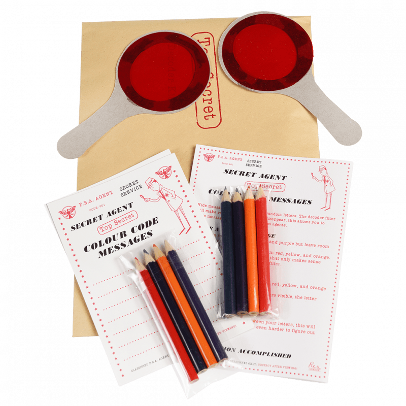 "Children's detective kit featuring spy tools like lenses, fingerprint kit, and invisible pen for secret agent adventures."