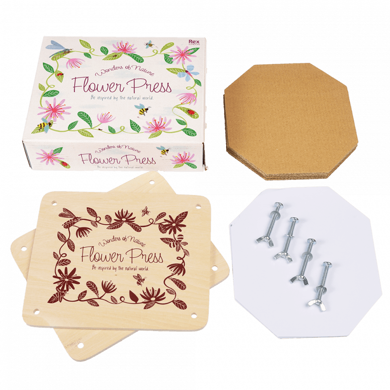 Wooden flower press for preserving flowers, includes plates, card sheets, and paper for crafting and keepsakes.
