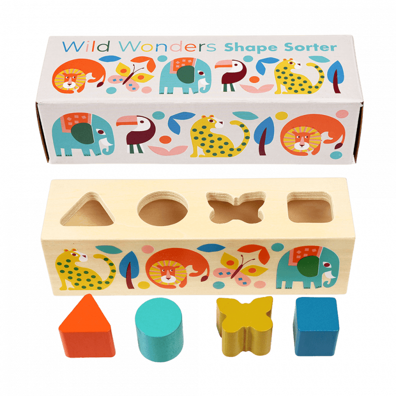 Wooden shape sorter toy promoting fine motor skills and cognitive development in children aged 1 and up.