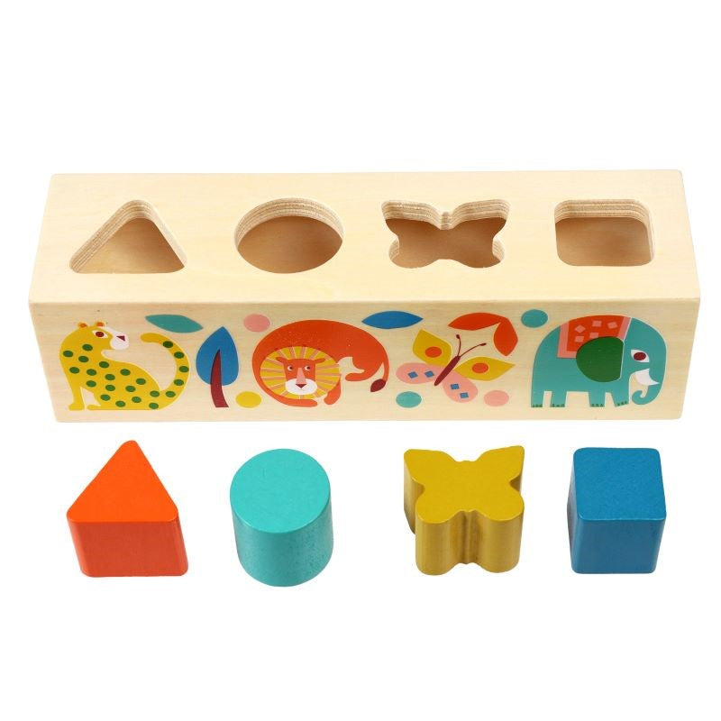 Wooden shape sorter with colorful shapes, promoting fine motor skills and cognitive development for children aged 1 and up.