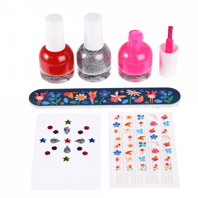 Whimsical Children's Nail Kit featuring vibrant non-toxic polishes, temporary tattoos, stick-on gems, and an emery board.