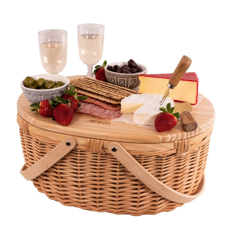 Elegant insulated picnic basket for two with pine wood lid, ideal for outdoor dining and includes essential picnic items.