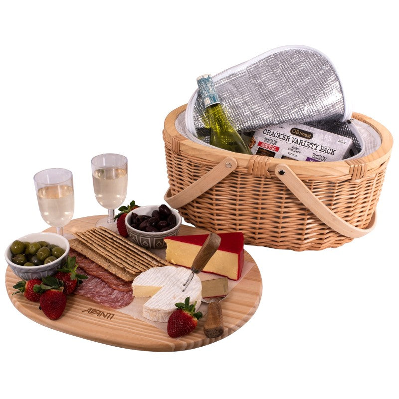 Elegant insulated picnic basket for two with pine wood lid, includes essential dining items and removable cheese board.