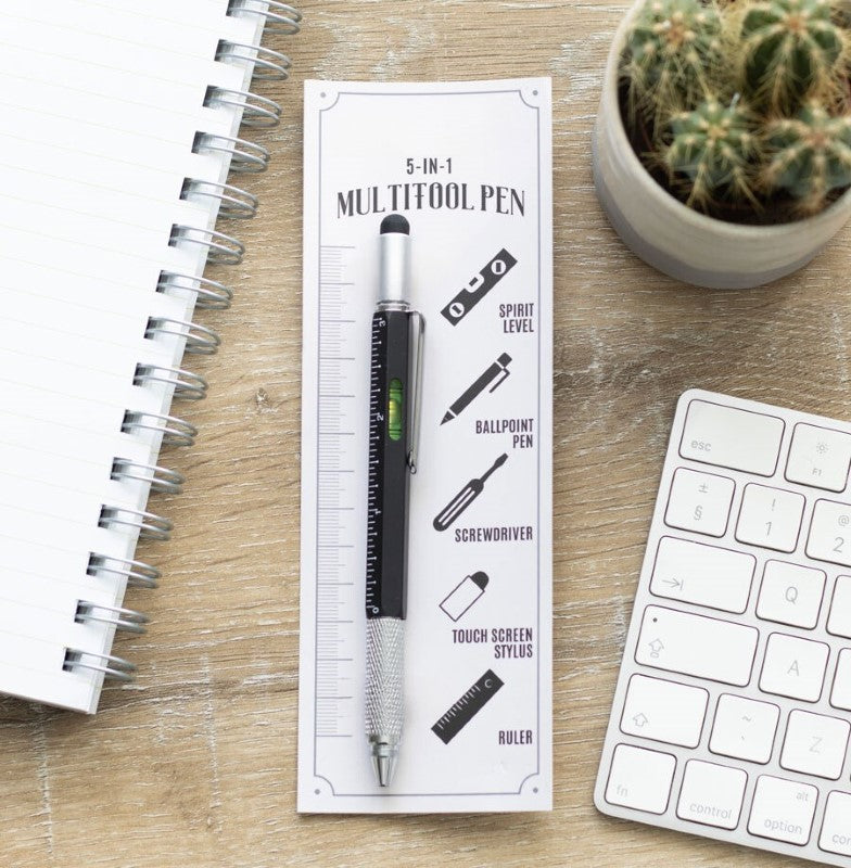 5-in-1 Multitool Pen for dads, featuring a pen, screwdriver, level, stylus, and ruler in a compact design for DIY tasks.