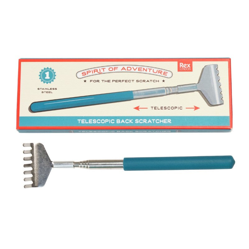 Telescopic back scratcher extending from 19.5 cm to 68 cm, made of durable stainless steel for hard-to-reach itches.