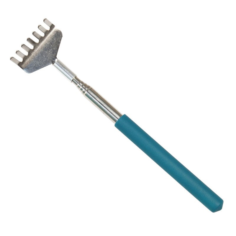 Telescopic back scratcher in stainless steel, adjusts from 19.5 cm to 68 cm for easy reach and comfort.