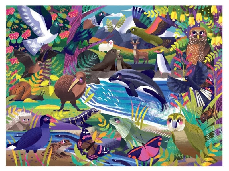 Aotearoa Floor Puzzle featuring vibrant New Zealand wildlife and landscape, designed for kids ages 3 and up.