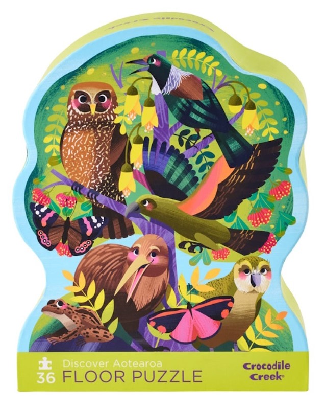 Colorful Aotearoa Floor Puzzle featuring New Zealand's flora and fauna, perfect for kids aged 3 and up, enhances learning and motor skills.