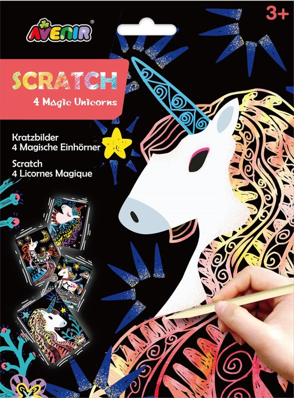 Colorful Scratch Art Unicorns set, featuring 4 sheets and a scratch stick for kids to create magical unicorn masterpieces.