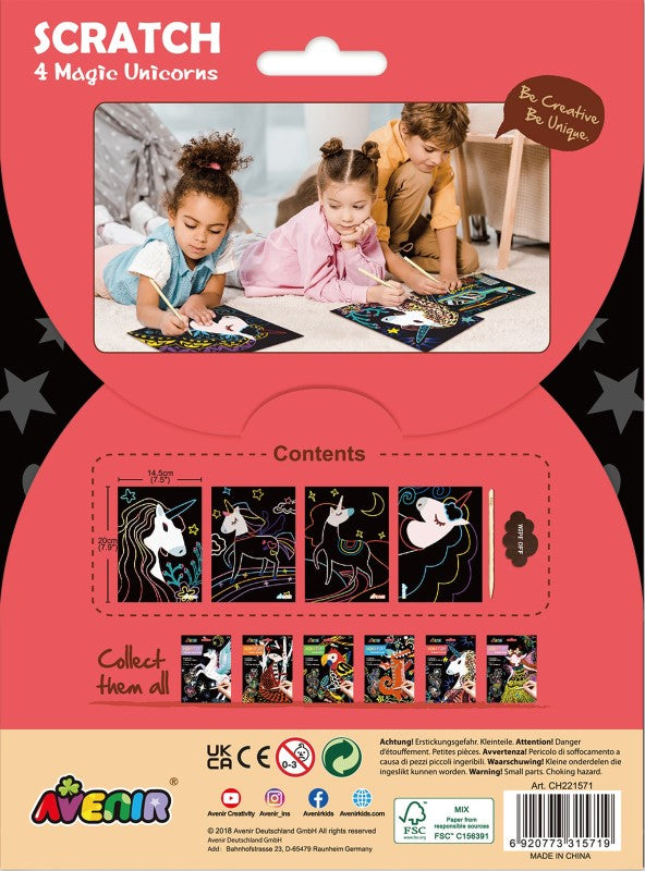 Scratch Art Unicorns kit featuring 4 unicorn designs to create colorful art through scratching black paper. For ages 3+.