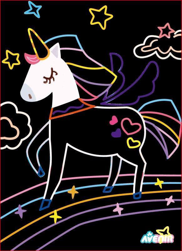Scratch Art Unicorns kit featuring 4 vibrant scratch sheets and a stick for creating colorful unicorn art.