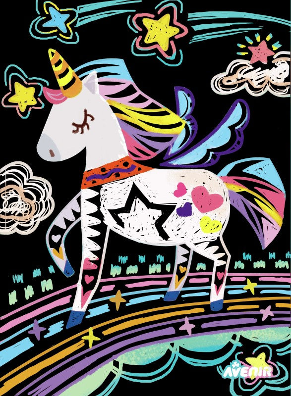 Bright scratch art set featuring unicorn designs for kids to create colorful masterpieces by scratching black paper.
