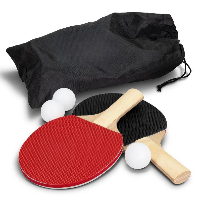 Portable table tennis set with retractable net, two paddles, and three balls in a sleek drawstring bag for active fun.
