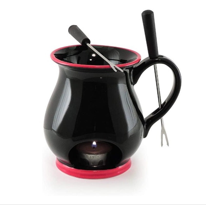 Elegant 4-piece fondue mug set with tealight candle and forks for delightful chocolate fondue experiences at gatherings.