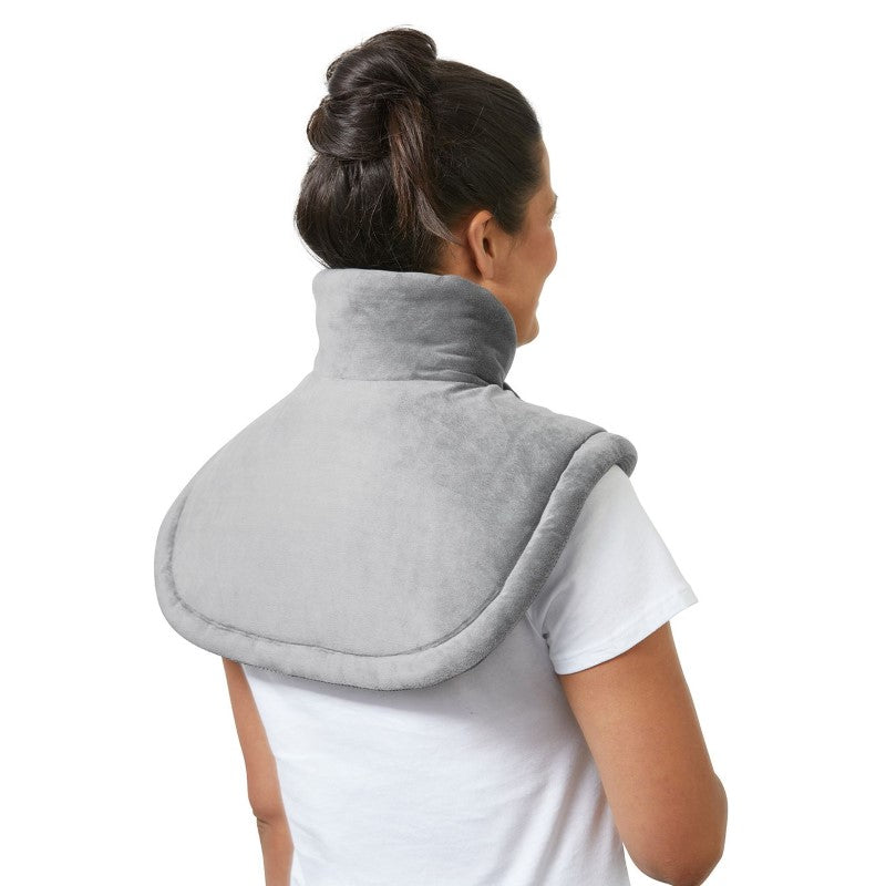 Soft heating pad designed for shoulders and neck, offering adjustable warmth and comfort with safety features for muscle relief.