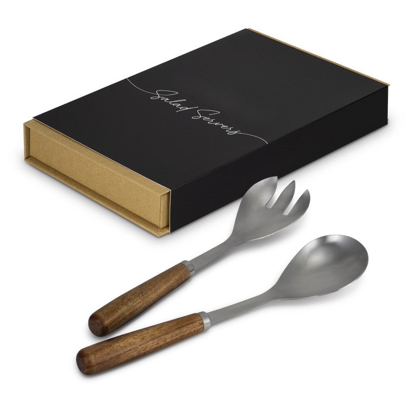 Chic Salad Server Set with Acacia handles and stainless steel utensils, presented in a natural gift box for stylish serving.