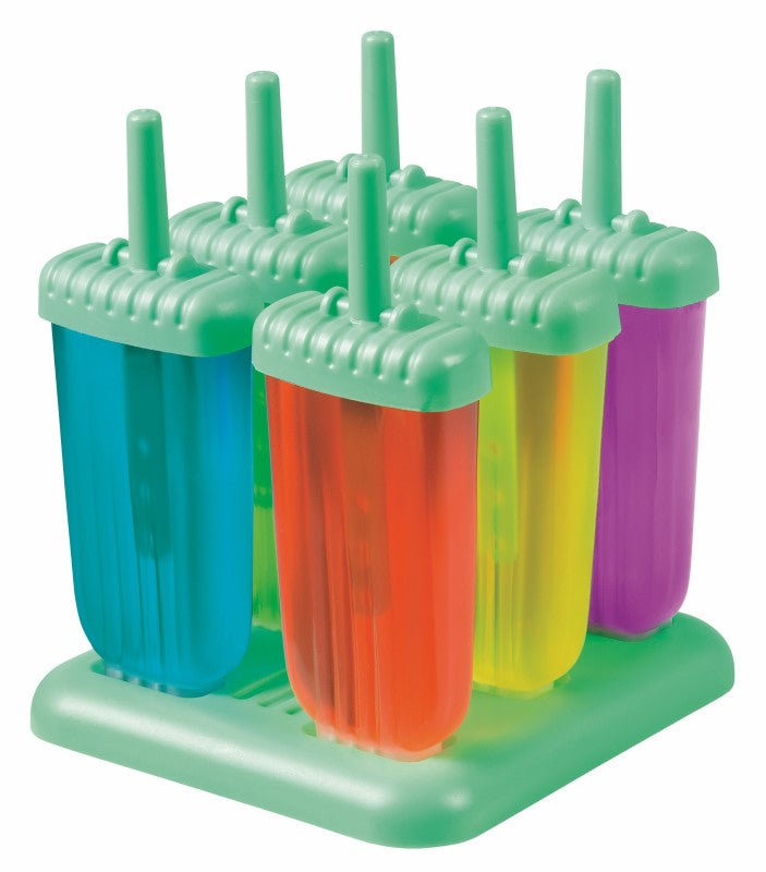 Avanti Groovy Ice Block Mould Set, 6 BPA-free silicone moulds with green handles for easy, mess-free popsicle making.