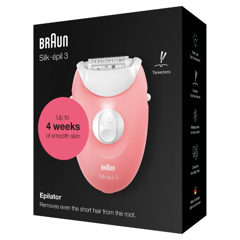 Braun Silk-epil 3-176 Epilator: 20 tweezers for root hair removal, SoftLift Tips, massage rollers, and Smart Light for precise results.