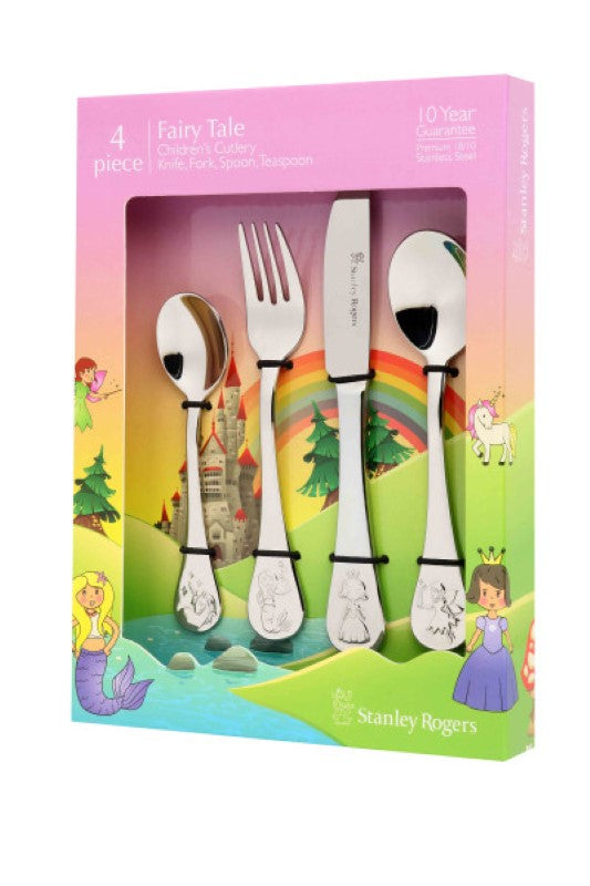 Children's Fairy Tale cutlery set with princess, mermaid, fairy, and unicorn designs; perfect for small hands and mealtime fun.