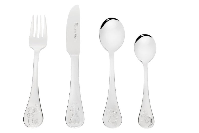 Enchanting 4-piece children's cutlery set featuring whimsical designs of fantasy characters, crafted for small hands.
