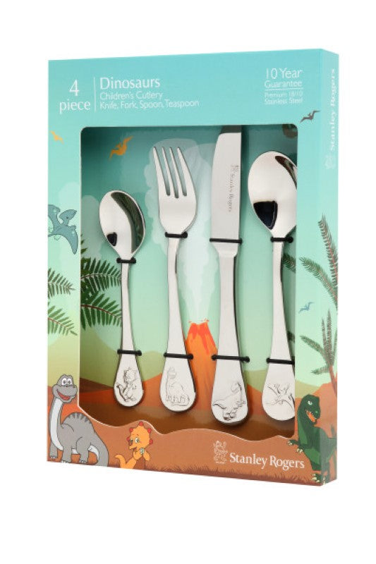 Children's dinosaur-themed cutlery set with a spoon, fork, and knife, perfect for young diners aged 3 and up.