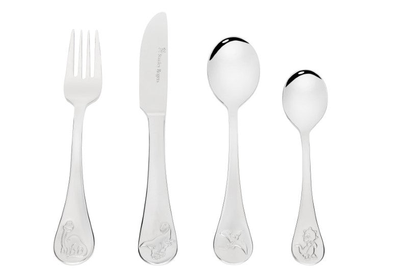 Children's 4-piece dinosaur cutlery set featuring a spoon, fork, knife, and whimsical designs for fun mealtimes.