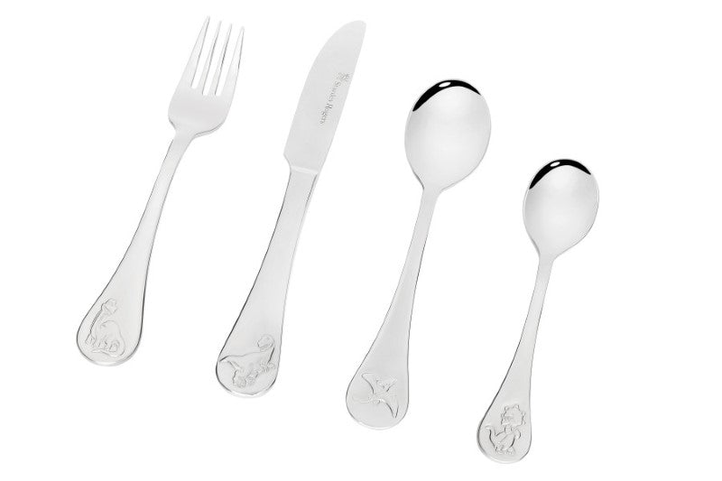 Children's dinosaur-themed cutlery set with spoon, fork, knife, and mirror-polished stainless steel handles for fun mealtimes.