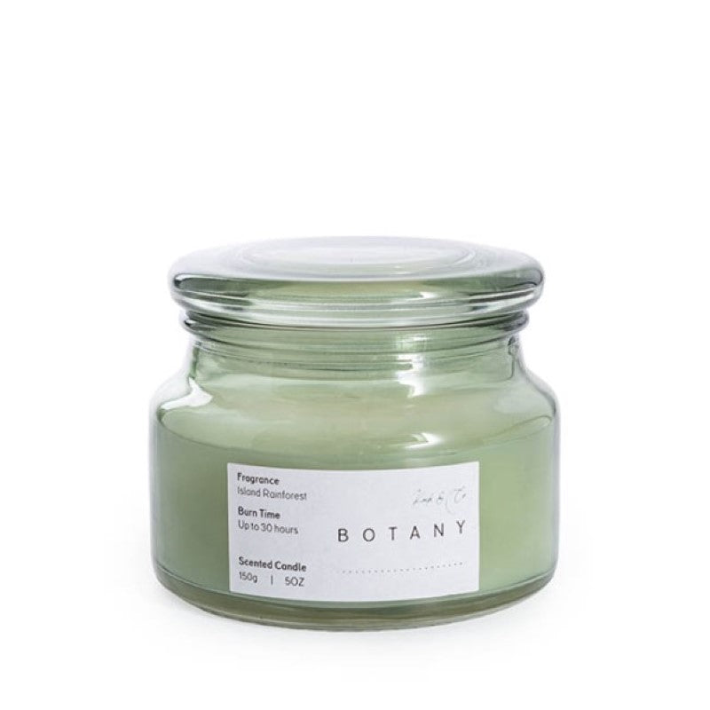 Scented candle jar featuring rainforest and sage aromas, ideal for creating a tranquil ambiance for any space.