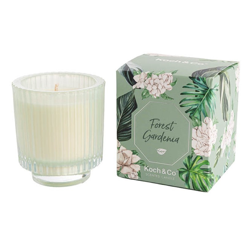 Scented Gardenia Candle in elegant ripple glass, offering sweet fragrance and 30-hour burn time for home ambiance.