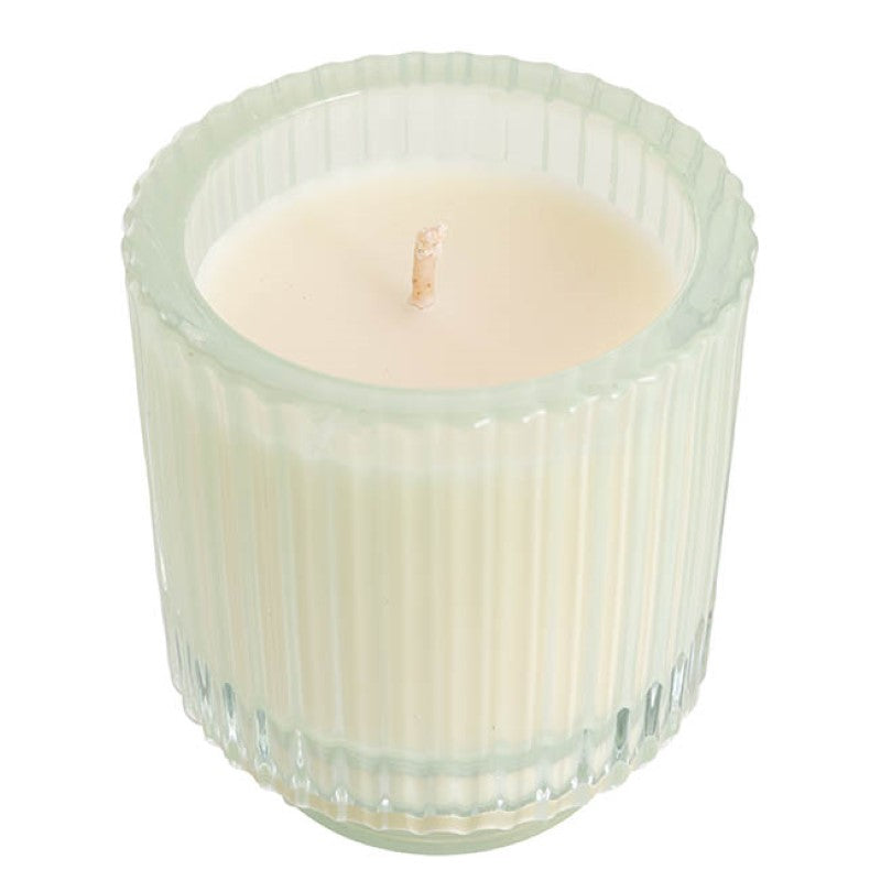 Scented Gardenia Candle in ripple-patterned glass, offering 30 hours of soothing fragrance for home ambiance and gifting.