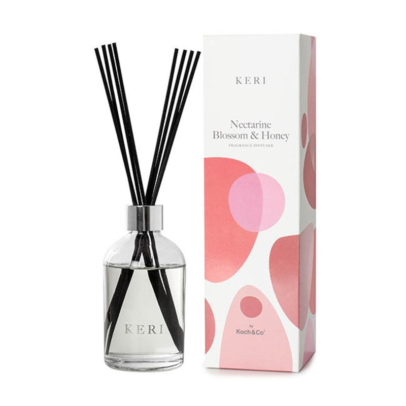 Elegant diffuser set with nectarine blossom and honey scent, includes 8 reeds and 200mL of refreshing floral fragrance.