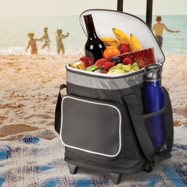 Large 24L cooler bag trolley with wheels, featuring a pull-up handle, outdoor design, and spacious storage pockets.