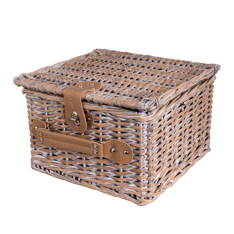 Two-person picnic basket with Hampton Stripe lining, includes cutlery and plates, perfect for stylish outdoor dining.