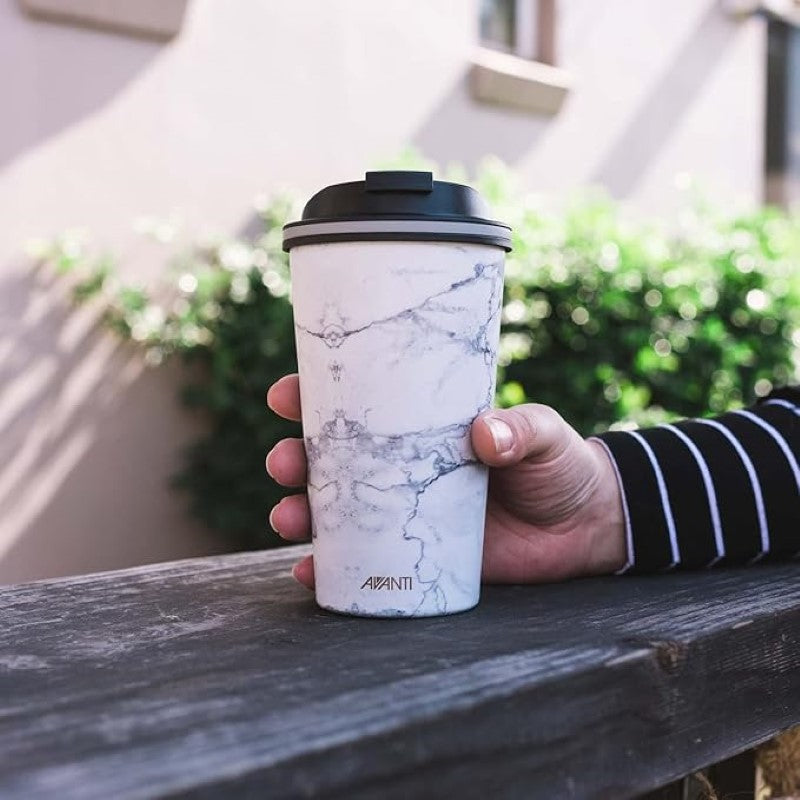 Double wall insulated cup in stainless steel, designed for hot or cold beverages, featuring a leak-proof lid and eco-friendly design.