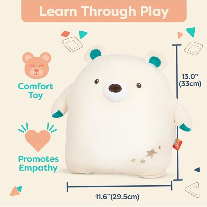 Soft plush polar bear with blue ears, golden stars; perfect for cuddles and playtime for kids of all ages.