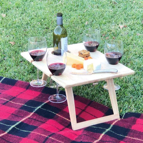 Compact Travel Picnic Table, holds 1 wine bottle and 4 glasses, perfect for outdoor dining and easy to transport.