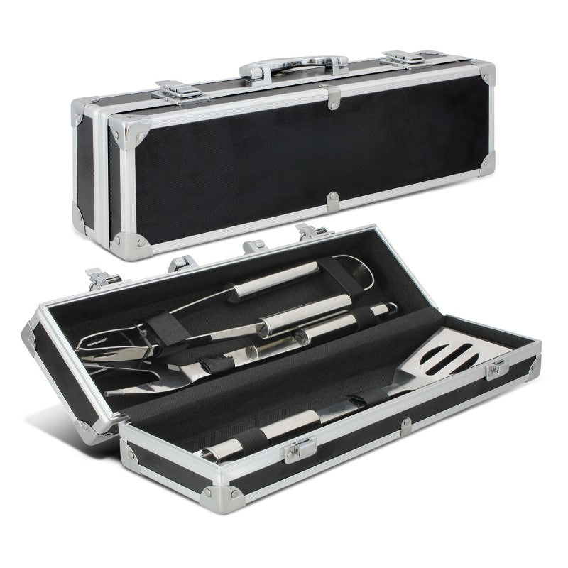 BBQ tool set in a stylish metal case, featuring a fork, tongs, and spatula made of durable stainless steel.