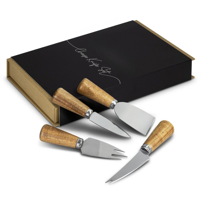 4-piece cheese knife set featuring Acacia wood handles and stainless steel blades for slicing, spreading, and serving various cheeses.