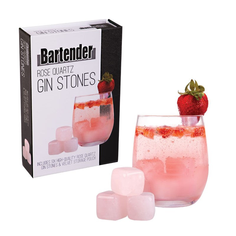 Rose Quartz Gin & Wine Stones in a velvet pouch, perfect for chilling drinks without dilution. Set of 6 reusable, non-scratch stones.