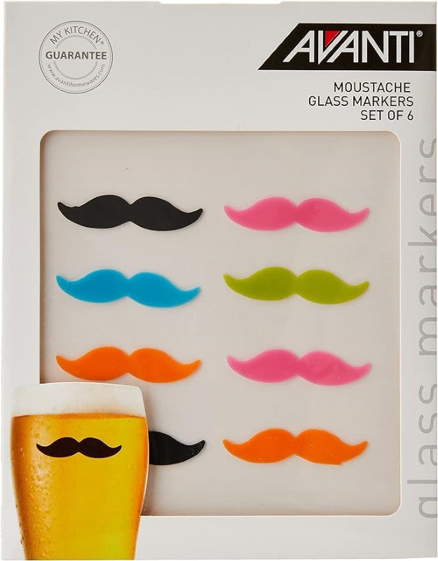 Set of 8 whimsical silicone moustache glass markers for easy drink identification at gatherings and parties.