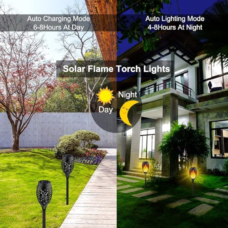 Solar torch light stake with flickering flame effect, 96 LEDs, waterproof, ideal for outdoor decoration and pathway lighting.