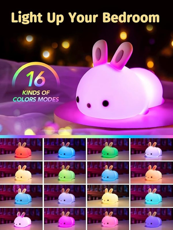 A cute bunny-shaped silicone night light with adjustable brightness, perfect for soothing kids to sleep safely.